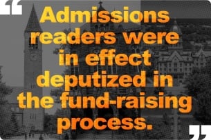 Orange text says admissions readers were in effect deputized in the fundraising process