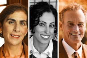 A triptych of three headshots, from left to right, of Amy Wax, Maura Finkelstein and Joe Gow.