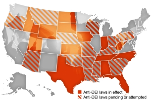 A map showing states with enacted anti-DEI legislation and pending or attempted anti-DEI bills.