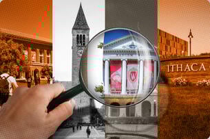 Holding a magnifying glass over Arizona State University, Cornell University, University of Wisconsin at Madison and Ithaca College.