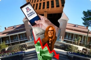 The University of Arizona campus appears ripped in two, with images of the Department of Education, a phone with the UA logo, a red arrow pointing down and money in the center of the rip.