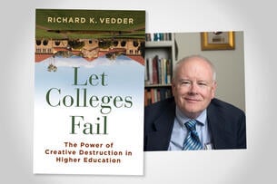 The book jacket for "Let Colleges Fail" beside a picture of the author in a jacket and tie