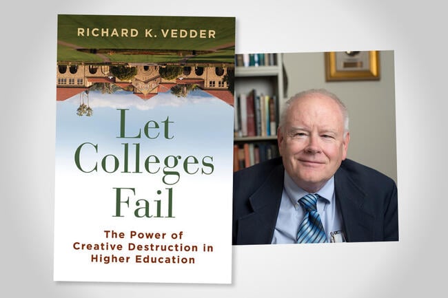 The book jacket for "Let Colleges Fail" beside a picture of the author in a jacket and tie