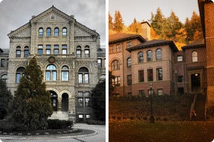 A photo collage of Catholic University of America and Western Washington University campuses.