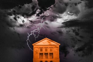 A storm whirls around a college building.
