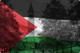 A photo illustration consisting of a photograph of Cornell University's campus with a Palestinian flag overlaid on it.