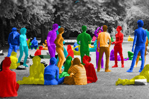Bright multicolored images of students interact on a campus quad.
