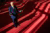 President Donald Trump gestures in the Grand Foyer of the John F. Kennedy Center for the Performing Arts.