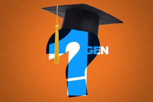 An illustration of the words 1st Gen laid over a question mark with a graduation cap on top symbolizes the inconsistency and uncertainty of what it means to be a first-generation college student.