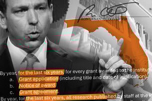 Photo illustration of Ron DeSantis along with text from the executive order