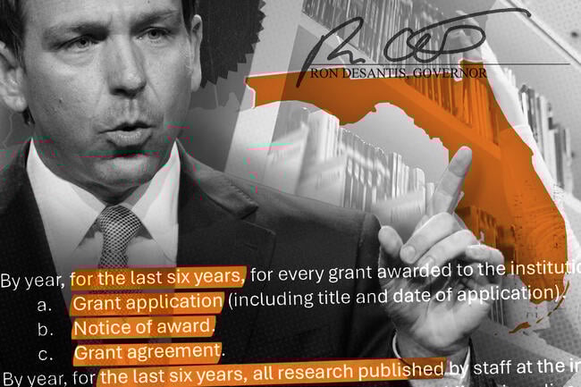 Photo illustration of Ron DeSantis along with text from the executive order