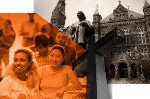 A group of diverse students overlaid over an image of a cross and Georgetown University's campus.