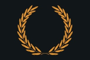 An illustration of an orange laurel wreath against a black background.