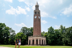 A photograph of the Bell Tower on the University of North Carolina at Chapel Hill's campus.