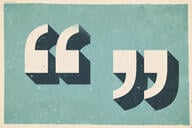 A vintage-style illustration of quotation marks against a blue background.