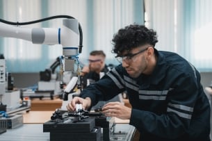 Student engineer assembling robotic arm with computer in technology workshop.