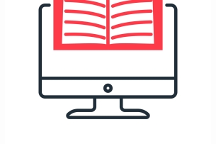 A stark, black, red and white icon-like illustration featuring an open book atop a computer monitor, above the words "Digital Literacy."