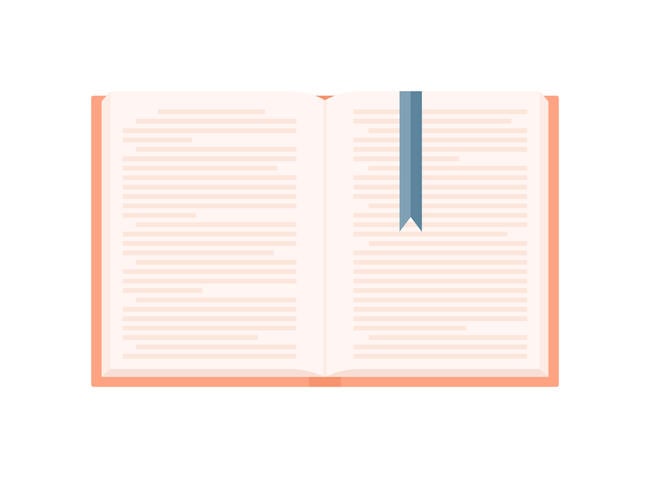 An illustration of a flat open book with an orange cover, with a blue ribbon-like bookmark marking the page it is open to.