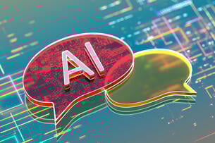 An illustration of two speech bubbles, one red and one yellow, against a multi-colored grid-like background; the red bubble says "AI."
