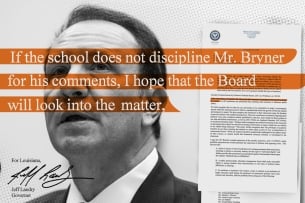 A photo illustration consisting of a photograph of Louisiana governor Jeff Landry's face with a quote from his letter to LSU officials across his face and a copy of the first page of his letter beside his head.