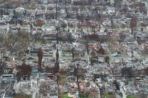 An aerial view of burned houses after the Los Angeles wildfires