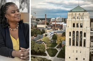 A photograph of Rachel Dawson next to one of the University of Michigan's Burton Memorial Tower.