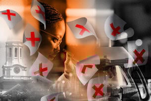 A collage of a researcher with canceled paperwork and the campuses of Harvard University and Columbia University.