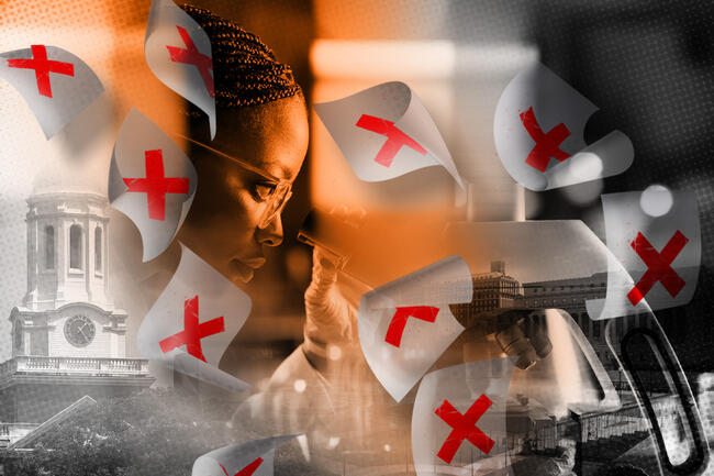 A collage of a researcher with canceled paperwork and the campuses of Harvard University and Columbia University.