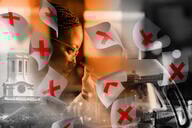A collage of a researcher with canceled paperwork and the campuses of Harvard University and Columbia University.