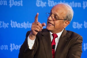 A photo of Sonny Ramaswamy at a speaking event.