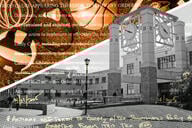 A photo illustration of the Sonoma State University campus along with sports equipment.