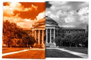 A campus photo of Southern Methodist University divided, half orange and half gray.