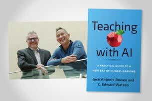 Bowen and Watson leaning over a railing, beside a picture of the book jacket