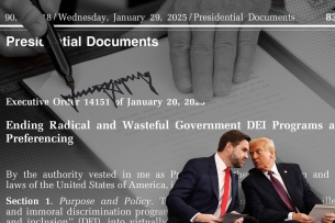 A photo illustration consisting of a photo of Donald Trump and JD Vance together transposed over language from a Trump executive order targeting diversity, equity and inclusion and a photo of Trump signing a document.