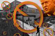 Photo illustration: President Donald Trump and the Morgan State University campus with a canceled logo over it.