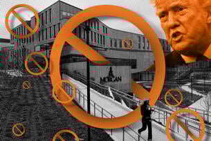Photo illustration: President Donald Trump and the Morgan State University campus with a canceled logo over it.