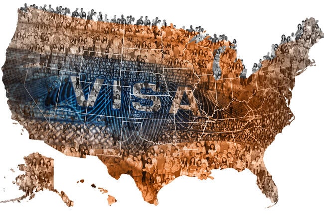 A map of the United States filled with students and a visa overlayed on top of it.