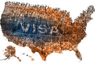 A map of the United States filled with students and a visa overlayed on top of it. 
