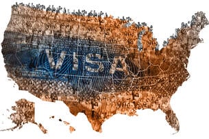 A map of the United States filled with students and a visa overlayed on top of it.