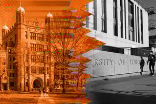 Photo illustration: Yale University campus with arrows going toward University of Toronto campus.